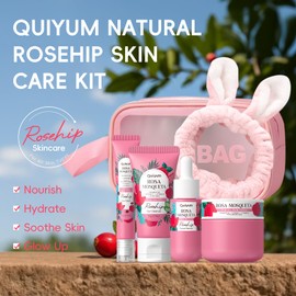 QuiyumRosehip Skin Care for Teens, Daily Routine Beauty Skin Care Sets - Smooth, Clean, Oil Control, Firm, Hydrate, Glow Up, Skincare Gift Set for Girls Women, Travel Set, for All Skin 4PCS