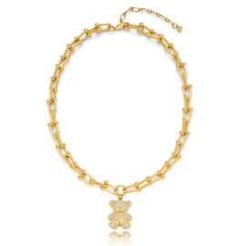 CLASSYZINT Gold Bear Pendant Necklace U Link Chunky Chain Necklace for Women Animal Charm Necklace Everyday Boho Accessories