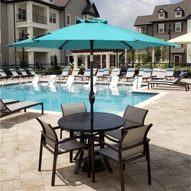 Coastal 7.5 Ft. Hexagon Patio Umbrella Waterproof UV Rust Resistant Durable Steel Pole Tilt & Crank Lift Push Button | All Season Modern Nautical Easy Setup Air Vent Stylish Canopy Aqua Blue Color