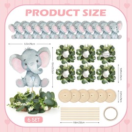 6 Sets Elephant Baby Shower Table Centerpieces with Eucalyptus Wreath Wood Slices Baby Shower Decorations Table Toppers for Boys Girl Pink Elephant Theme Birthday Party Supplies