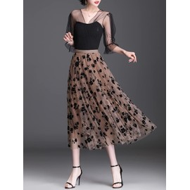 Reaowazo Skirts for Women Midi Long Length Dressy Casual Trendy Summer Tulle A-Line Floral High Waist Skirt Khaki 2XL-3XL