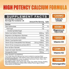 Calcium 1200 mg with Vitamin D3 Gummies for Adults - Calcium Citrate with Vitamin D3 K2, Magnesium, Zinc, Boron, Copper and Ashwagandha - Extra Absorption Calcium Supplement for Women Men