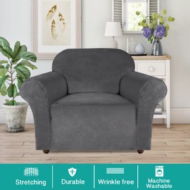 Turquoize Stretch Velvet Chair Cover Sofa Chair Covers for Living Room Armchair Cover Chair Slip Covers with Arms Chair Slipcovers with Elastic Bottom Crafted from Soft Velvet Fabric (Chair, Gray)