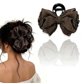 Brown Polka Dot Hair Claw Clips 1PC Large Bow Hair Claw Retro Hair Clips Double-layer Fabric Bow Hair Barrette Strong Hold Non Slip Clip Fall Winter Hair Shark Clips for Women Daily Hair Accessories