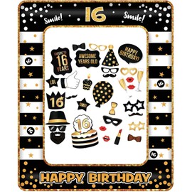 16th Birthday Decoration Boys Girls, Black Gold 16th Birthday Inflatable Picture Frame & 33 Pieces Photo Props Party Photo Booth Props Photo Box Accessories Gifts for 16th Birthday Party Accessories