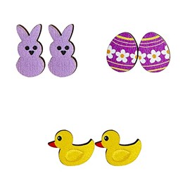3 Pairs Easter Earrings Set Easter Gnome Egg Bunny Carrot Lightweight Acrylic Drop Earrings Happy Easter Rabbit Wooden Stud Earrings for Women Holiday Jewelry Gifts -Style 4