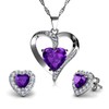 DEPHINI - Purple Heart Necklace & Heart Earrings SET - 925 Sterling Silver - Crystal Studs - 18" Rhodium Plated Silver Chain - Cubic Zirconia
