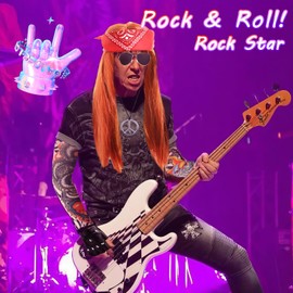 8 Pcs Rockstar Fancy Dress, Glam 80s 90s Men Costume Outfit with Heavy Metal Wigs Vintage Headband Sunglasses Gloves Tattoo Sleeves Necklaces Rock Hard Rocker Accessories World Book Day Costumes