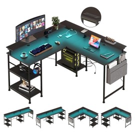 L Shaped Gaming Desk with LED Lights, 55 Inch Computer Desk ith Power Outlet, USB Charging Ports, Headphone Hook, Storage Shelves, Side Storage Bag, Ergonomic Studio Desk, Gaming Table, Dark Grey