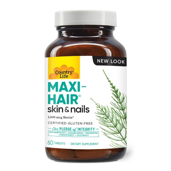 Country Life Maxi-Hair with 2000mcg of Biotin, Nourishes Hair, Skin and Nails 60 Tablets, Certified Gluten Free, Certified Vegetarian