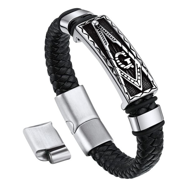Bandmax Masonic Freemason Bracelet for Men Black Leather Freemason Masonic