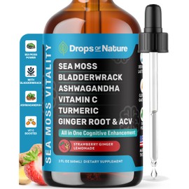 Ashwagandha & Turmeric Liquid Drops - Vitamin C, Sea Moss, Apple Cider Vinegar, Bladderwrack - Vegan Liquid Drops for Comprehensive Wellness Support & Vital Immunity (Strawberry Ginger Lemonade, 60mL)