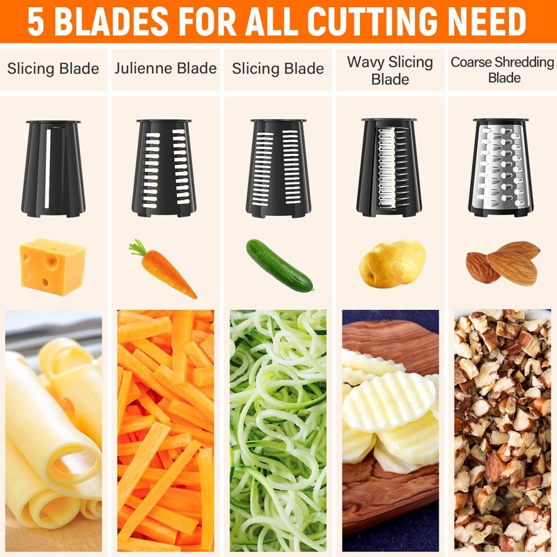 Rotary Cheese Grater Hand Crank with 5 Interchangeable Blades, Vegetable