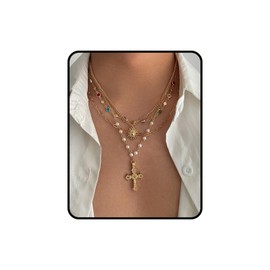 JWIGP Gold Layered Cross Necklaces For Women, 4Pcs Stack Choker Vintage Pendant Cross Rhinestone Stacking Virgin Mary Necklace Dainty Waterproof Non Tarnish Summer Beachy Jewelry Gifts, Large, Copper