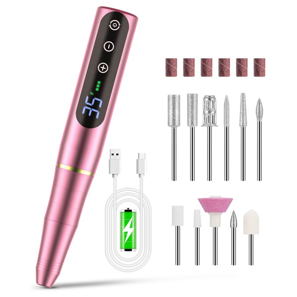 NAILGIRLS Nail Drill Rechargeable Cordless Nail Drill Machine, Portable Electric Nail Drill 35000RPM Professional Electric Nail File for Acrylic Gel Nails, Efile Manicure Pedicure Polishing, Pink