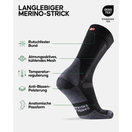 DANISH ENDURANCE 1 Pair Merino Cushioned Anti-Blister Hiking Socks for Men & Women, black