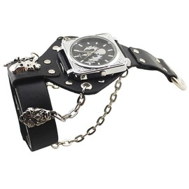 Vigorbee Fashion Hip-Hop Punk Skull Watch for Men Women Black Wide Leather Cuff Band Watch Cool Style Wrist Watches,Chains Locomotive Glove