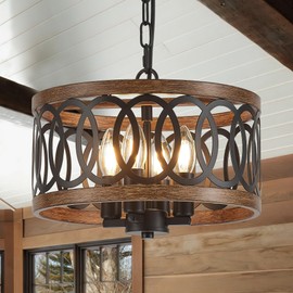 4-Light Farmhouse Drum Pendant Light,12.56'' Nature Wood Texture Vintage Rustic Chandeliers Black Metal Industrial Hanging Light Fixtures for Entryway, Bedroom Dining Room