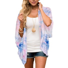 Chunoy Women Plus Size Short Sleeve Tie Dye Open Front Top Chiffon Kimono Cover Up X-Large
