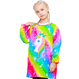 Sylfairy Kids Art Smocks for Painting, Waterproof Artist Rainbow Unicorn Aprons for Children Long Sleeve Toddler Apron Smock with Pocket (Rainbow,Medium)