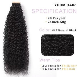 YDDM Black Women Tape Extensions, Real Hair, Black, Kinky Curly Tape-In Hair Extensions, Real Hair Tapes, Invisible Extensions, Real Hair, Tape Extensions, Real Hair, 24 Inches, 20 Pieces, 50 g