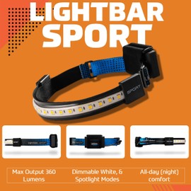 LIGHTBAR Sport | LED Headlamp, 360 Lumens, W/Spotlight, Waterproof Rated, Rechargeable Battery, Camping Running Biking Fishing Construction