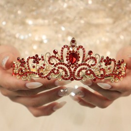 Rannyrena Sparkling Crystal Tiara Crown for Women Gorgeous Rhinestone Bridal Wedding Headband with Combs Elegant Birthday Party Prom Hair Accessories (Gold-red, Standard)