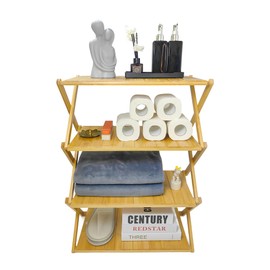 FEIXIDI Foldable Bamboo Shelf, Folding Shoe Rack, Flower Rack, Camping Rack, No Installation Required, Portable, Space Saving, Multi-Purpose Storage Rack (Natural, 4 Tiers)