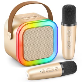 Peski Peski Karaoke Machine for Kids Adults, Portable Bluetooth Mini Karaoke Microphone Singing Speaker with 2 Wireless Mic and Light,Gifts Toys for All Smartphones,Birthday, Family,Home Party (Gold)