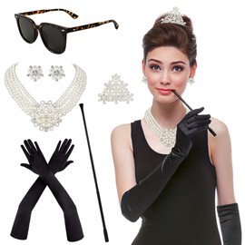 Horolam 6PCS 1920s Accessories, Holly Golightly Costume 20s Accessories Pearl Necklace Earrings Gloves Sunglasses (brown)