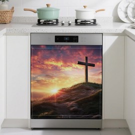 Cross Dishwasher Magnet Cover,Sunset Kitchen Decor Waterproof Refrigerator Magnet Appliance Cover Protector,23Wx26H Inches