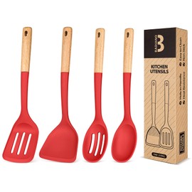 Silicone Cooking Utensils Set, Perfectly Angled for Frying, Mixing,Serving,Draining,Turning and Stirring, BPA-Free Matte Silicone, Wood Handles, Safe for Nonstick Cooking Surfaces,4 Pack (Red)