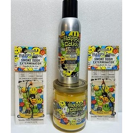 Smoke odor Exterminator Happy Daze, Includes One 13 oz Jar Candle One 7 oz Spray & Two Car Hangers All in One Bundle