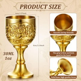 Nosiny 2 Pcs Mini Chalice Goblet Vintage Gold Goblet Copper Wine Goblet Small Chalice Cup Medieval Wine Glasses Zinc Alloy Flower Embossed Shot Glasses for First Communion Altar Drinking (1 oz)