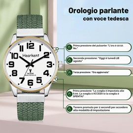 Orologio parlante con voce tedesca e numeri grandi, regolazione automatica per ipovedenti, ciechi o anziani, taglia uomo, Nylon verde, Classico