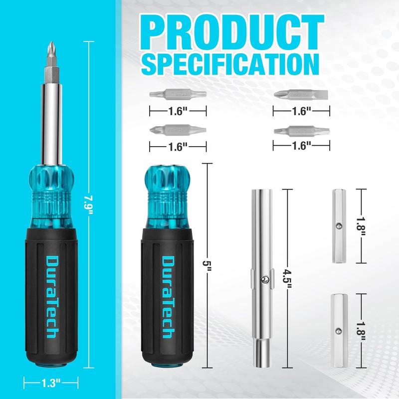 DURATECH Screwdriver, Multi Bit 11-in-1 Screw Driver & Nut Driver