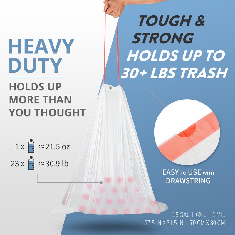 Geiteoa 18 Gallon Trash Bags with Drawstring - 102 Count