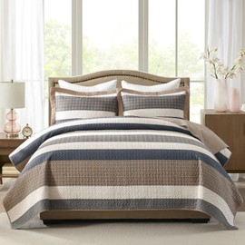 FineStichery 100% Cotton Queen Quilt Set - 3 Piece Farmhouse Striped Bedding, Reversible Lightweight Quilted Bedspread, Breathable Thin Comforter, All Season, Brown/Beige