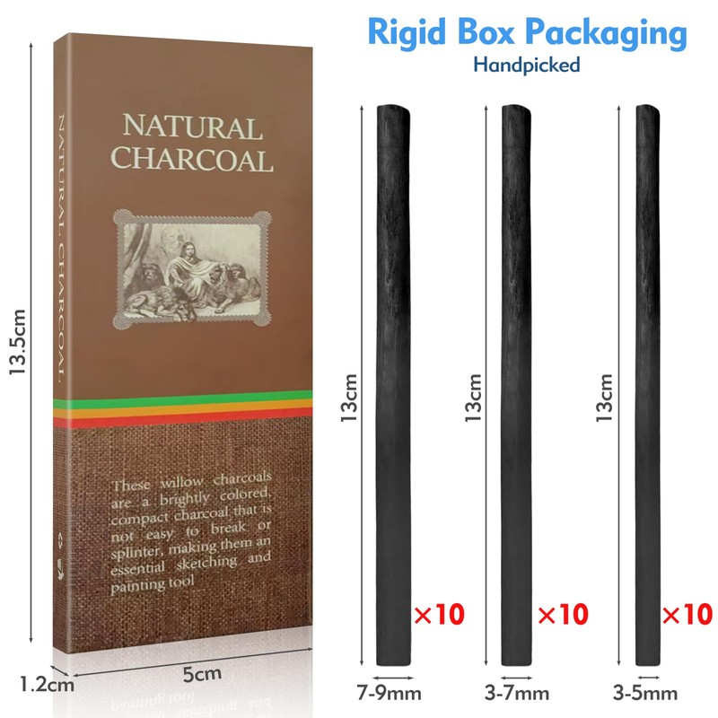 30 PCS Charcoal Sticks, Black Willow Charcoal 3-5mm, 5-7mm, 7-9mm