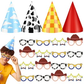 Sonwyoung 32 Pcs Cartoon Story Party Supplies 16 Pcs Birthday Inspired Party Cone Hats and 16 PCS Cartoon Story Party Paper Eyeglasses Cartoon Story Birthday Decorations Cartoon Story Party
