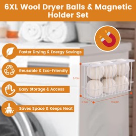 Magnetic Dryer Ball Holder Plus 6 XL Wool Dryer Balls from New Zealand Wool – Laundry Dryer Balls Organizer & Storage, Magnetic Basket for Dryer Balls, Space-Saving & Easy Tool-Free Installation