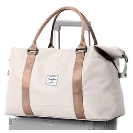 Ryanair & Easyjet Women's Travel Bag, Hand Luggage Bag, Weekender Bag, Swimming Bag, Waterproof Travel Duffle Bag, Fitness Bag, Training Bag for Travel, Gym, A8 Beige with Brown, A8 Beige with Brown