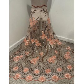 wowfabric4less123 Peach Embroidery Sequins Lace Fabric 50” Width Sold By The Yard