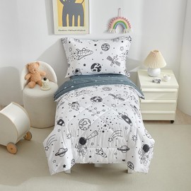 DuShow White Space 4 Piece Toddler Bedding Set for Boys,Baby Crib Bedding Comforter Sheets Set Soft Toddler Comforter Set Bed in a Bag | Include Comforter,Flat Sheet,Fitted Sheet,Pillowcase
