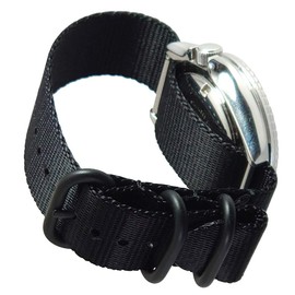 time+ 24mm 3-Ring Military Style Seat Belt Nylon WatchBand Strap All Black PVD