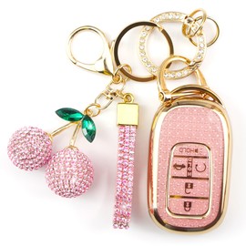 Rayslesan Sparkly Key Fob Cover with Cherry Keychain, Bling TPU Smart Key Case for Women, Compatible with Honda Accord Civic 2022 2023 2024 2025 Honda HR-V CR-V 2023 2024 2025 (5-Button, Gold Pink)