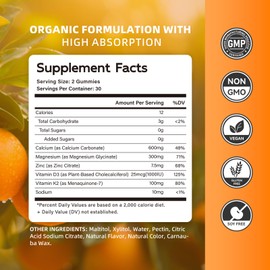 Calcium Magnesium Zinc Gummies with Vitamin D3 & K2 - High Potency Enhanced Absorption -60 Orange Gummies Flavored.