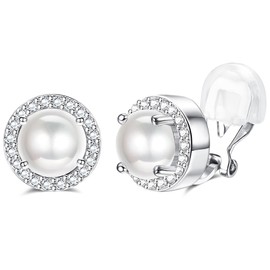 Sllaiss Clip On Earrings for Women Clip-on Earrings Round Cubic Zirconia Pearl Clip Earrings Non-Pierced Ear Clips Gold Silver Clip On Earrings Pearl