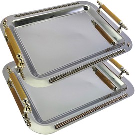 Maro Megastore (Pack of 2) 17.1 inch x 12.4 inch Oblong Chrome Plated Serving Tray with Iron Gold Handles Stylish in Different Design Floral Engraved Edge Decorative Party Dessert Platter Plate NC-034