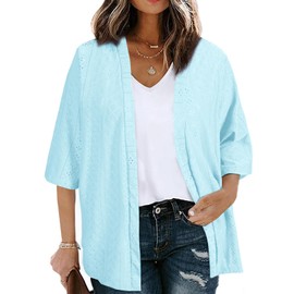 Eytino Women Plus Size Summer Cardigan Half Sleeve Knitted Jacquard Casual Loose Blouse Tops,2X Sky Blue